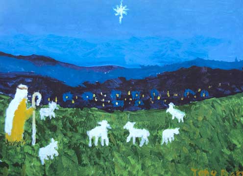Christmas card from a mouth-painting of a shepherd and flock by Tony Bates.