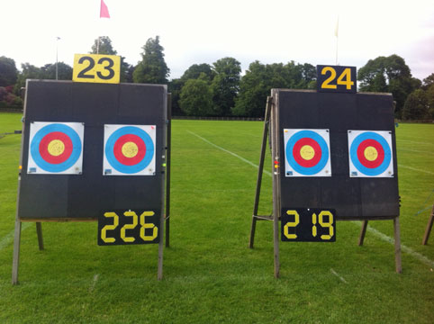 View of the targets and score boards at the end of Kent's Compound Team Bronze medal match against Berkshire.