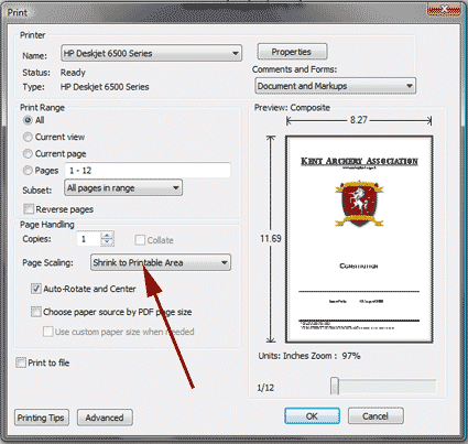 Adobe Reader's print dialogue with default settings for A4 documents