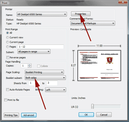 Adobe Reader's print dialogue with settings for booklet printing